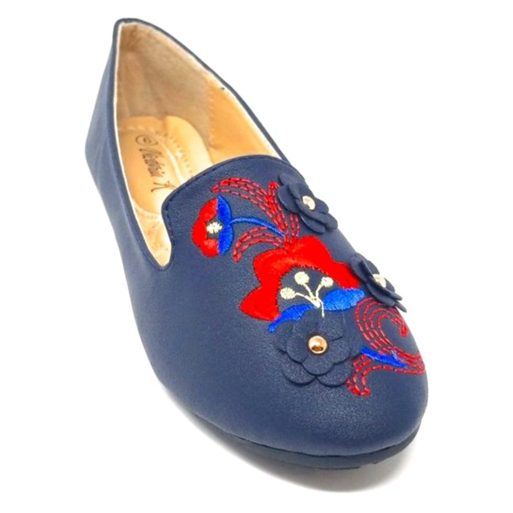 Women Embroidered Ballet Flats, B-2714-A, Navy - Picture 1 of 5